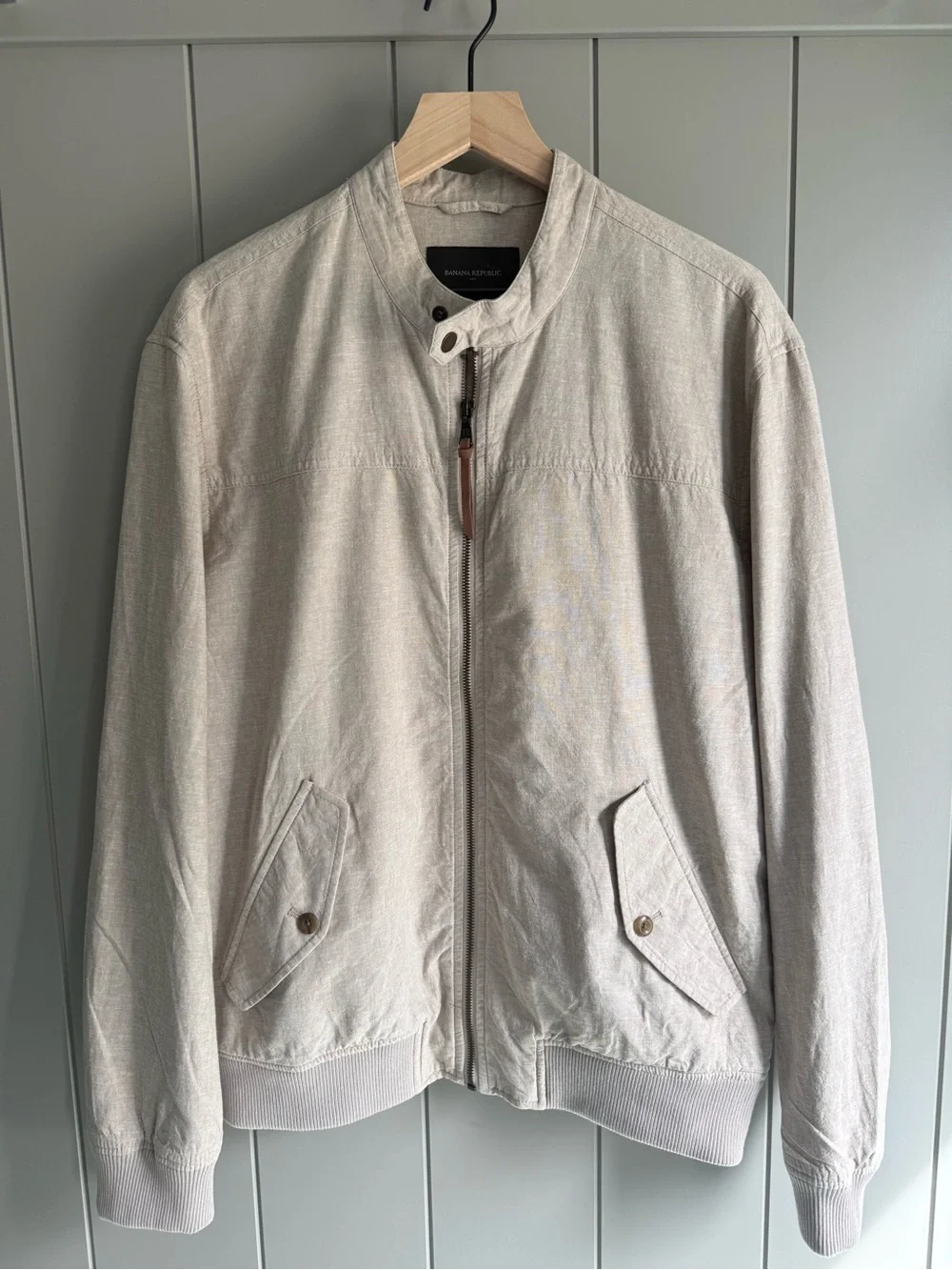 Banana Republic Mens Linen Blend Bomber Jacket Large Sand Castle Tan Zip